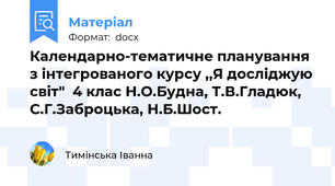 Календарно-тематичне планування  з інтегрованого курсу ,,Я досліджую світ"  4 клас Н.О.Будна, Т.В.Гладюк, С.Г.Заброцька, Н.Б.Шост.