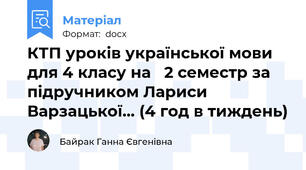 КТП уроків української мови для 4 класу на   2 семестр за підручником Лариси Варзацької... (4 год в тиждень)