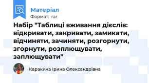 Набір "Таблиці вживання дієслів: відкривати, закривати, замикати, відчиняти, зачиняти, розгорнути, згорнути, розплющувати, заплющувати"