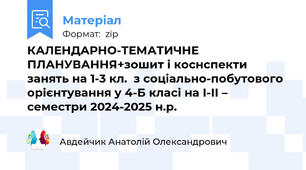 КАЛЕНДАРНО-ТЕМАТИЧНЕ ПЛАНУВАННЯ+зошит і коснспекти занять на 1-3 кл.  з соціально-побутового орієнтування у 4-Б класі на І-ІІ – семестри 2024-2025 н.р.