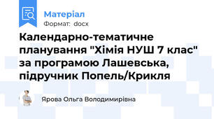 Календарно-тематичне планування "Хімія НУШ 7 клас" за програмою Лашевська,  підручник Попель/Крикля
