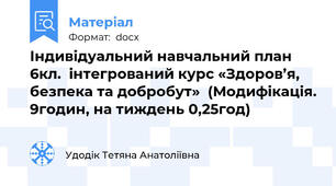 Індивідуальний навчальний план  6кл.  інтегрований курс «Здоров’я, безпека та добробут»  (Модифікація. 9годин, на тиждень 0,25год)