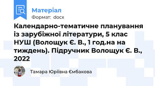 Календарно-тематичне планування із зарубіжної літератури, 5 клас НУШ (Волощук Є. В., 1 год.на на тиждень). Підручник Волощук Є. В., 2022