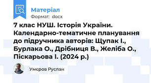 7 клас НУШ. Історія України. Календарно-тематичне планування до підручника авторів: Щупак І., Бурлака О., Дрібниця В., Желіба О., Піскарьова І. (2024 р.)