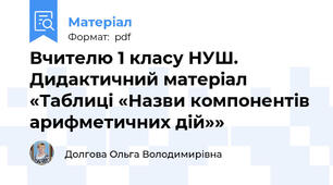 Вчителю 1 класу НУШ. Дидактичний матеріал «Таблиці «Назви компонентів арифметичних дій»»