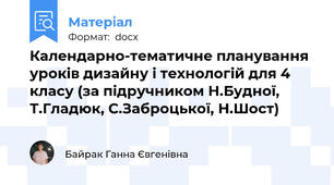 Календарно-тематичне планування уроків дизайну і технологій для 4 класу (за підручником Н.Будної, Т.Гладюк, С.Заброцької, Н.Шост)
