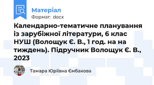 Календарно-тематичне планування із зарубіжної літератури, 6 клас НУШ (Волощук Є. В., 1 год. на на тиждень). Підручник Волощук Є. В., 2023