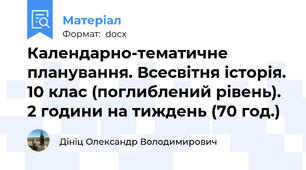 Календарно-тематичне планування. Всесвітня історія. 10 клас (поглиблений рівень). 2 години на тиждень (70 год.)