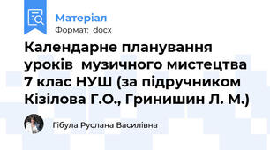 Календарне планування уроків  музичного мистецтва 7 клас НУШ (за підручником Кізілова Г.О., Гринишин Л. М.)