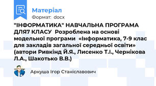 "ІНФОРМАТИКА" НАВЧАЛЬНА ПРОГРАМА ДЛЯ7 КЛАСУ  Розроблена на основі модельної програми  «Інформатика, 7-9 клас для закладів загальної середньої освіти» (автори Ривкінд Й.Я., Лисенко Т.І., Чернікова Л.А., Шакотько В.В.)