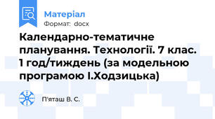 Календарно-тематичне планування. Технології. 7 клас. 1 год/тиждень (за модельною програмою І.Ходзицька)