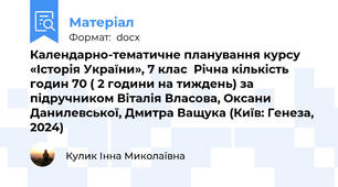 Календарно-тематичне планування курсу «Історія України», 7 клас  Річна кількість годин 70 ( 2 години на тиждень) за підручником Віталія Власова, Оксани Данилевської, Дмитра Ващука (Київ: Генеза, 2024)