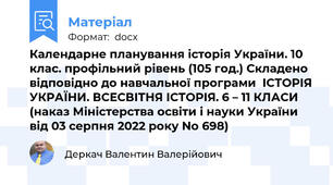 Календарне планування історія України. 10 клас. профільний рівень (105 год.) Складено відповідно до навчальної програми  ІСТОРІЯ УКРАЇНИ. ВСЕСВІТНЯ ІСТОРІЯ. 6 – 11 КЛАСИ (наказ Міністерства освіти і науки України від 03 серпня 2022 року No 698)