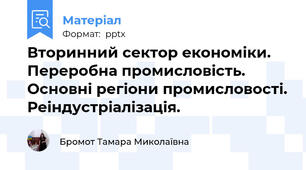 Вторинний сектор економіки. Переробна промисловість. Основні регіони промисловості. Реіндустріалізація.