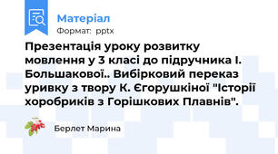 Презентація уроку розвитку мовлення у 3 класі до підручника І. Большакової.. Вибірковий переказ уривку з твору К. Єгорушкіної "Історії хоробриків з Горішкових Плавнів".