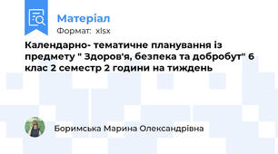 Календарно- тематичне планування із предмету " Здоров'я, безпека та добробут" 6 клас 2 семестр 2 години на тиждень