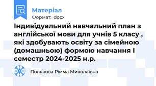 Індивідуальний навчальний план з англійської мови для учнів 5 класу , які здобувають освіту за сімейною (домашньою) формою навчання І семестр 2024-2025 н.р.