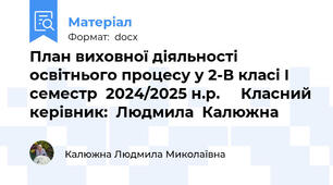 План виховної діяльності  освітнього процесу у 2-В класі І семестр  2024/2025 н.р.     Класний керівник:  Людмила  Калюжна