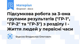 Підсумкова робота за 3-ома групами результатів ("ГР-1", "ГР-2" та "ГР-3") з розділу І -  Життя людей у первісні часи