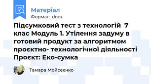 Підсумковий тест з технологій  7 клас Модуль 1. Утілення задуму в готовий продукт за алгоритмом проєктно- технологічної діяльності Проєкт: Еко-сумка