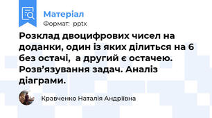 Розклад двоцифрових чисел на доданки, один із яких ділиться на 6 без остачі,  а другий є остачею. Розв’язування задач. Аналіз діаграми.