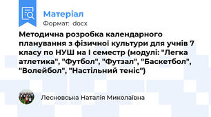 Методична розробка календарного планування з фізичної культури для учнів 7 класу по НУШ на I семестр (модулі: "Легка атлетика", "Футбол", "Футзал", "Баскетбол", "Волейбол", "Настільний теніс")