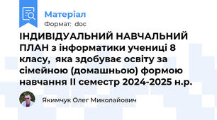 ІНДИВІДУАЛЬНИЙ НАВЧАЛЬНИЙ ПЛАН з інформатики учениці 8 класу, яка здобуває освіту за сімейною (домашньою) формою навчання ІІ семестр 2024-2025 н.р.
