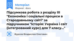 Підсумкова робота з розділу ІІІ "Економіка і соціальні процеси в Стародавньому світі" за підручником "Історія: Україна і світ (інтегрований курс) для 7 класу..."