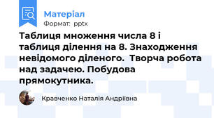 Таблиця множення числа 8 і таблиця ділення на 8. Знаходження невідомого діленого.  Творча робота над задачею. Побудова прямокутника.