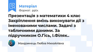 Презентація з математики 4 клас Закріплення вмінь виконувати дії з  іменованими числами. Задачі з табличними даними. За підручником О.Гісь, І.Філяк..