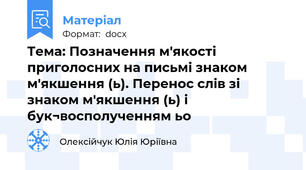 Тема: Позначення м'якості приголосних на письмі знаком м'якшення (ь). Перенос слів зі знаком м'якшення (ь) і бук¬восполученням ьо