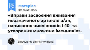 «Вправи засвоєння вживання неозначеного артикля a/an, написання числівників 1-10  та утворення множини іменників».