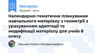 Календарно-тематичне планування навчального матеріалу з геометрії з урахуванням адаптації та модифікації матеріалу для учнів 8 класу