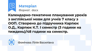 Календарно-тематичне планування уроків з англійської мови для учнів 7 класу з ООП. Створено до підручника Карпюк О.Д., Карпюк К.Т. I семестр (3 години на тиждень)/48 години на семестр.