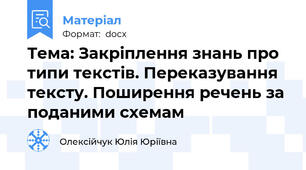 Тема: Закріплення знань про типи текстів. Переказування тексту. Поширення речень за поданими схемам
