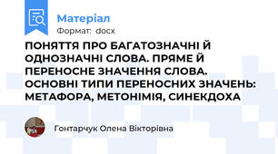 ПОНЯТТЯ ПРО БАГАТОЗНАЧНІ Й ОДНОЗНАЧНІ СЛОВА. ПРЯМЕ Й ПЕРЕНОСНЕ ЗНАЧЕННЯ СЛОВА. ОСНОВНІ ТИПИ ПЕРЕНОСНИХ ЗНАЧЕНЬ: МЕТАФОРА, МЕТОНІМІЯ, СИНЕКДОХА