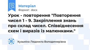 Урок - повторення "Повторення чисел 1 - 9. Закріплення знань про склад чисел. Співвіднесення схем і виразів із малюнками."