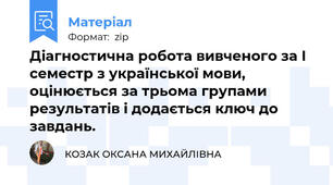 Діагностична робота вивченого за І семестр з української мови, оцінюється за трьома групами результатів і додається ключ до завдань.