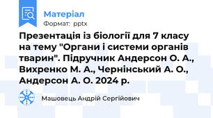 Презентація із біології для 7 класу на тему "Органи і системи органів тварин". Підручник Андерсон О. А., Вихренко М. А., Чернінський А. О., Андерсон А. О. 2024 р.