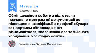 Обмін досвідом роботи з підготовки навчально-програмної документації до підвищення кваліфікації з професії «Кухар» за напрямом «Впровадження різноманітного, збалансованого та якісного харчування в закладах освіти»