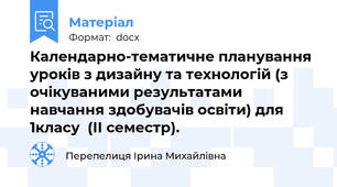 Календарно-тематичне планування уроків з дизайну та технологій (з очікуваними результатами навчання здобувачів освіти) для  1класу  (ІІ семестр).