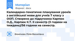 Календарно-тематичне планування уроків з англійської мови для учнів 7 класу з ООП. Створено до підручника Карпюк О.Д., Карпюк К.Т. II семестр (3 години на тиждень)/56 години на семестр.