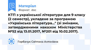 КТП з української літератури для 9 класу (2 семестр), укладене за програмою «Українська література..." (зі змінами, затвердженими  наказом  Міністерства №52 від 13.01.2017, №201 від 10.02.2017).