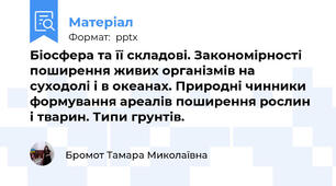 Біосфера та її складові. Закономірності поширення живих організмів на суходолі і в океанах. Природні чинники формування ареалів поширення рослин і тварин. Типи грунтів.
