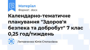 Календарно-тематичне планування "Здоров'я безпека та добробут" 7 клас 0,25 год/тиждень