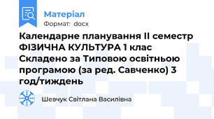 Календарне планування ІІ семестр ФІЗИЧНА КУЛЬТУРА 1 клас Складено за Типовою освітньою програмою (за ред. Савченко) 3 год/тиждень