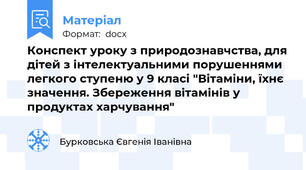 Конспект уроку з природознавчства, для дітей з інтелектуальними порушеннями легкого ступеню у 9 класі "Вітаміни, їхнє значення. Збереження вітамінів у продуктах харчування"