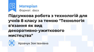 Підсумкова робота з технологій для учнів 8 класу за темою "Технологія в'язання як вид декоративно-ужиткового мистецтва"
