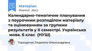 Календарно-тематичне планування з поурочним розподілом матеріалу та оцінюванням за групами результатів у ІІ семестрі. Українська  мова. 6 клас  (НУШ)
