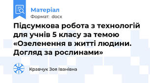 Підсумкова робота з технологій для учнів 5 класу за темою «Озеленення в житті людини. Догляд за рослинами»